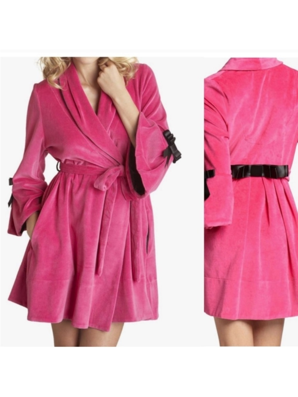 Betsey Johnson Women Pink Robe Bell Sleeve Bow Velour Wrap Intimates